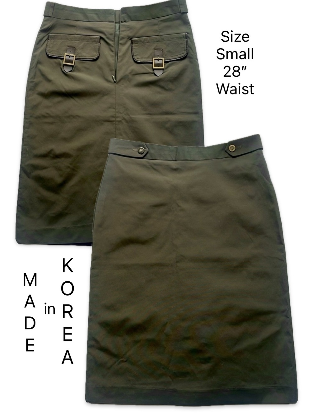 Korean Style Olive Green Knee Length Office Midi Skirt Buckle Pockets Small